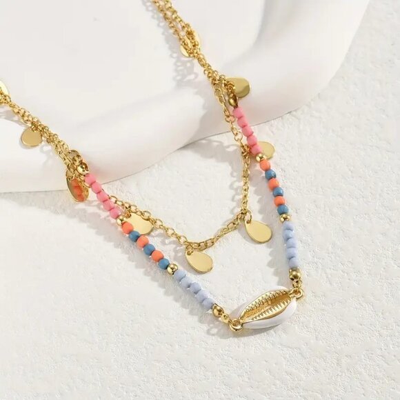 Layered double Strand Shell Bead Necklace - Picture 2 of 3